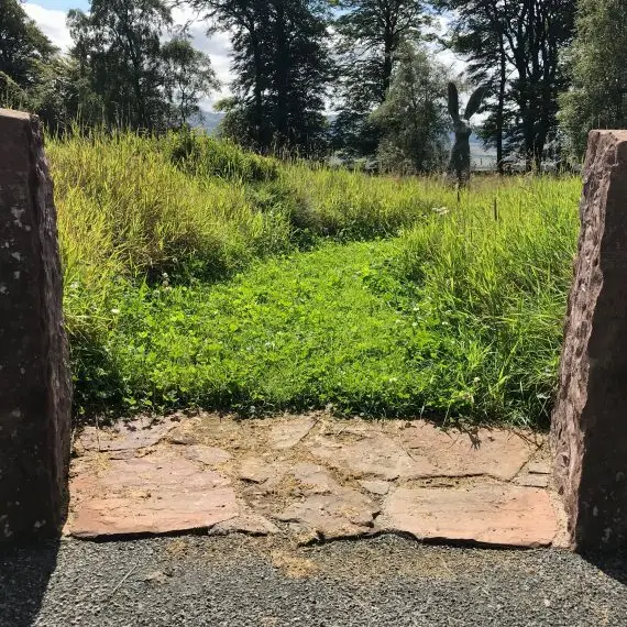 View to the south from the 'Sheep Pen' with Stanley Dove's hare in the background. Designed by Carolyn Grohmann