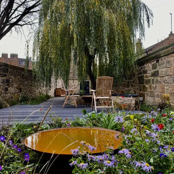 Corten water bowl in Edinburgh garden
