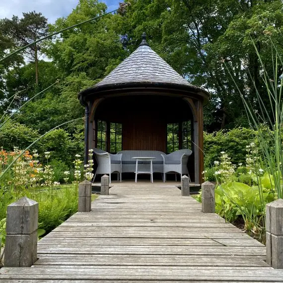 Victorian summerhouse and pond jetty