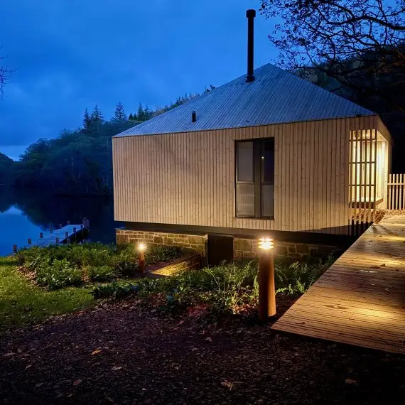 Boathouse and lake at dusk