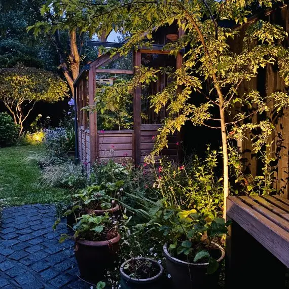 Shandon garden at night with cedar greenhouse